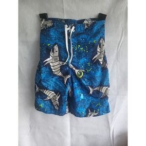 Boys Joe Boxer Swim Trunks Large 14 16 Sharks Blue Cargo‎ Pocket Faux Drawstring